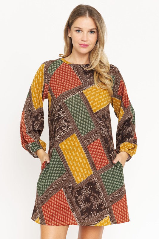 Bishop Sleeve Multi Patch Pattern Mini Dress