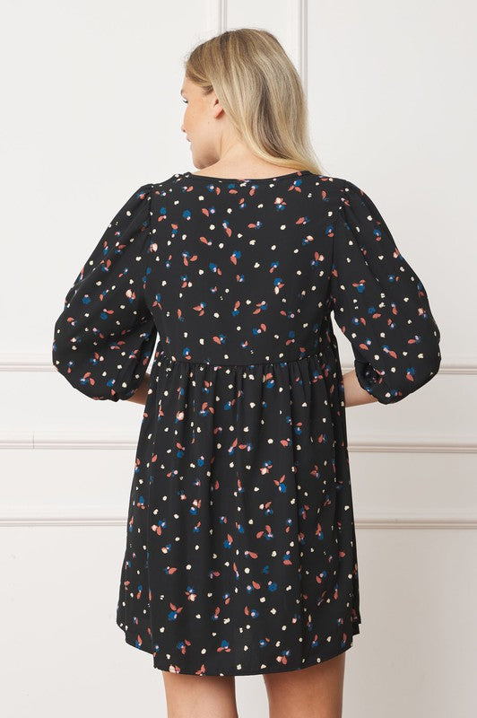 Plus Abstract Polka Dot Bishop Sleeve Mini Dress