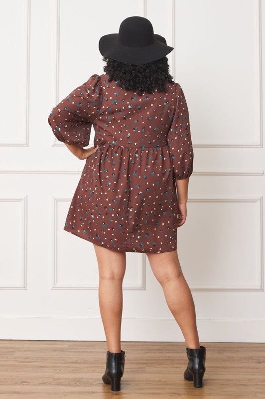 Plus Abstract Polka Dot Bishop Sleeve Mini Dress