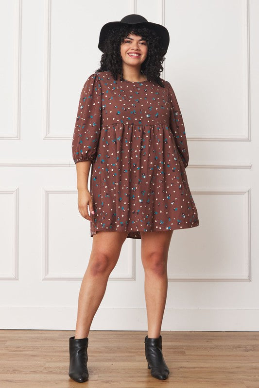 Plus Abstract Polka Dot Bishop Sleeve Mini Dress